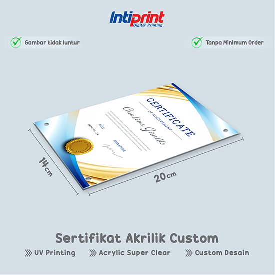 Cetak Sertifikat / Piagam Akrilik Ukuran A4 (5 mm)